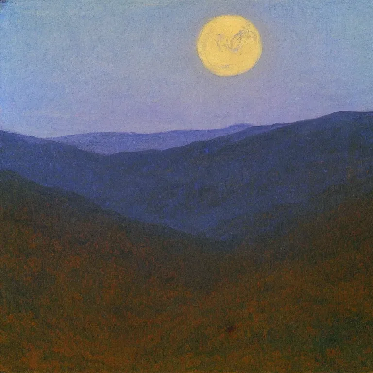 Image similar to vermont mountains, supermoon, clear sky, twilight, abbott handerson thayer oil painting, pale blue palette