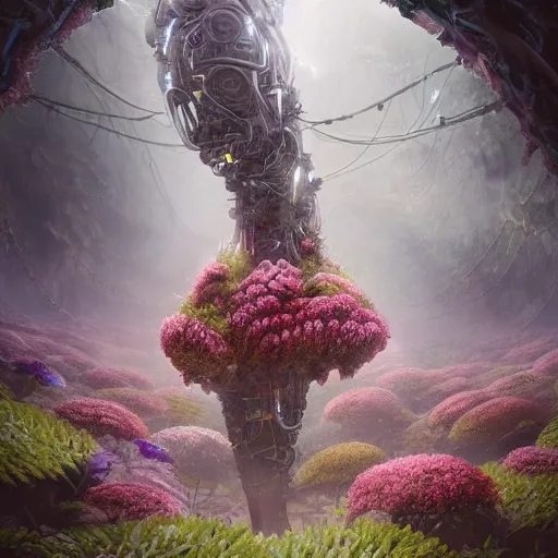 Image similar to intricate bio - organs intertwined with bio - robotic flowers, intricate environment, matte painting, cinematic, epic composition, highly detailed, atmospheric, wide angle, artstation trending