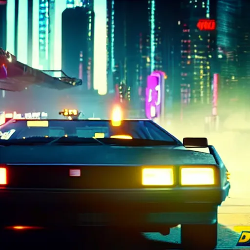 Image similar to flying dmc 1 2 delorean in cyberpunk 2 0 7 7