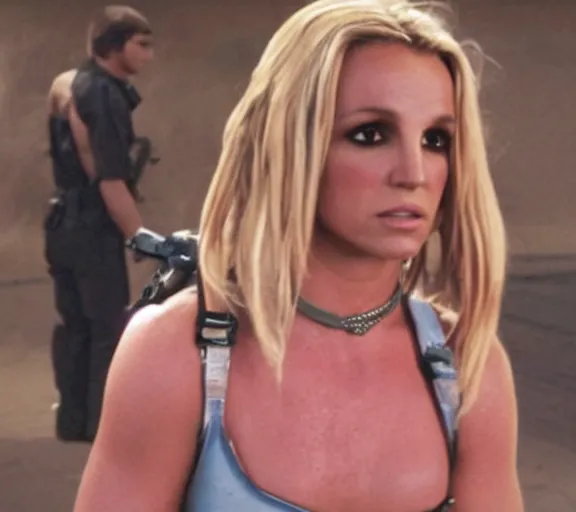 Image similar to a movie still of britney spears as a cuffed prisoner in the movie star wars