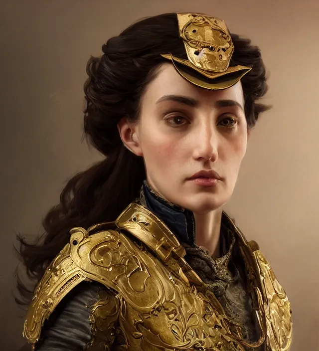Prompt: portrait of a sicilian woman wearing a traditional nineteenth century kingdom of sicily military jacket, metal shoulder pauldrons, intricate, highly detailed, digital painting, artstation, concept art, sharp focus, cinematic lighting, illustration, art by artgerm and greg rutkowski, alphonse mucha, cgsociety