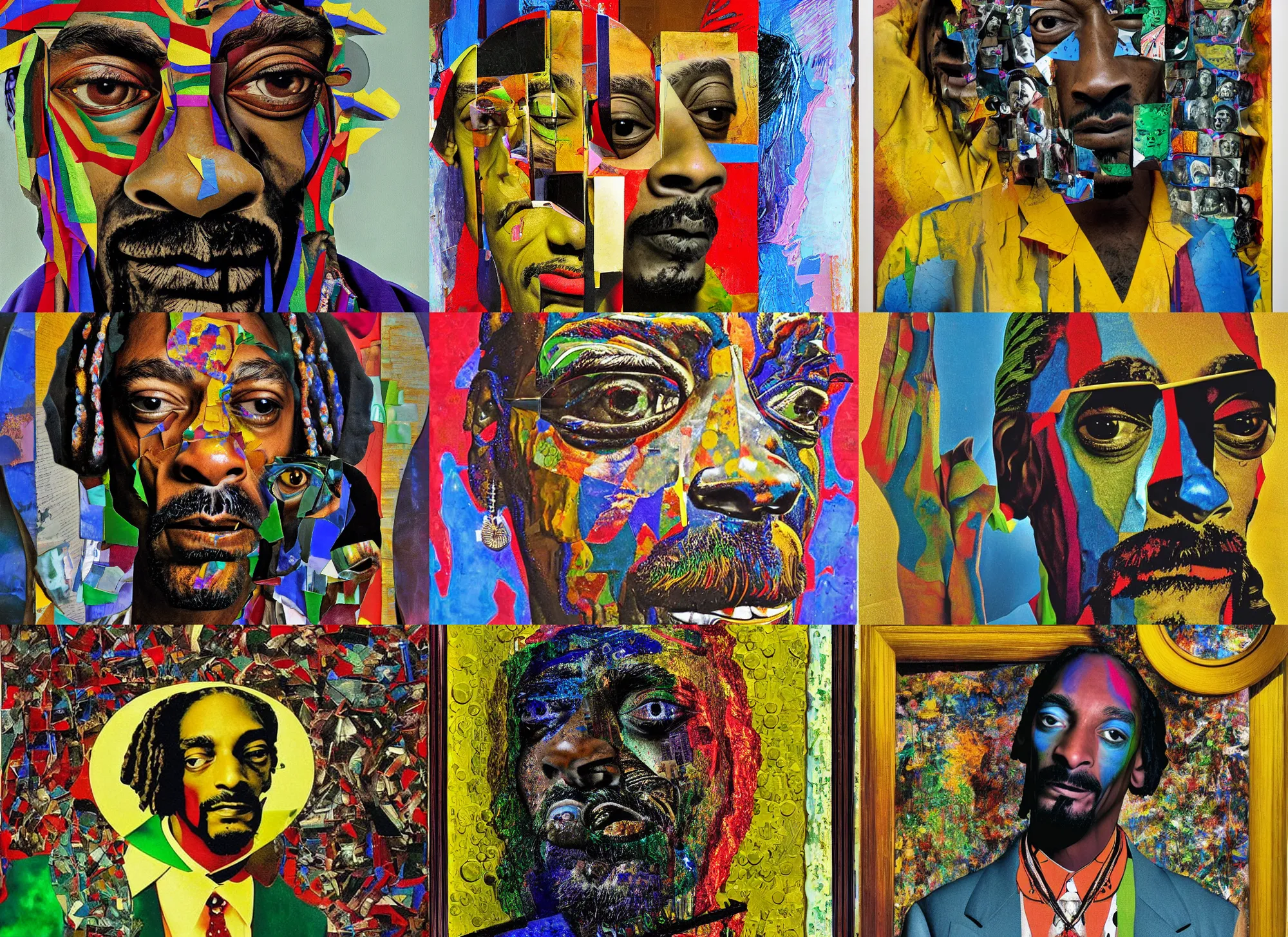 Prompt: a full decollage portrait of snoop dogg, fractured mirror, painting by max ernst