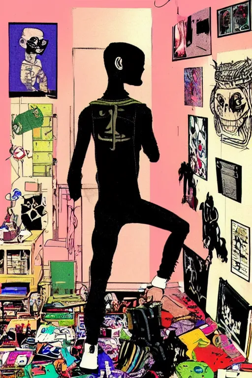 Image similar to a skinny goth guy standing in a cluttered 9 0 s bedroom by jamie hewlett, back view, jamie hewlett art, full body character concept art, vaporwave colors,