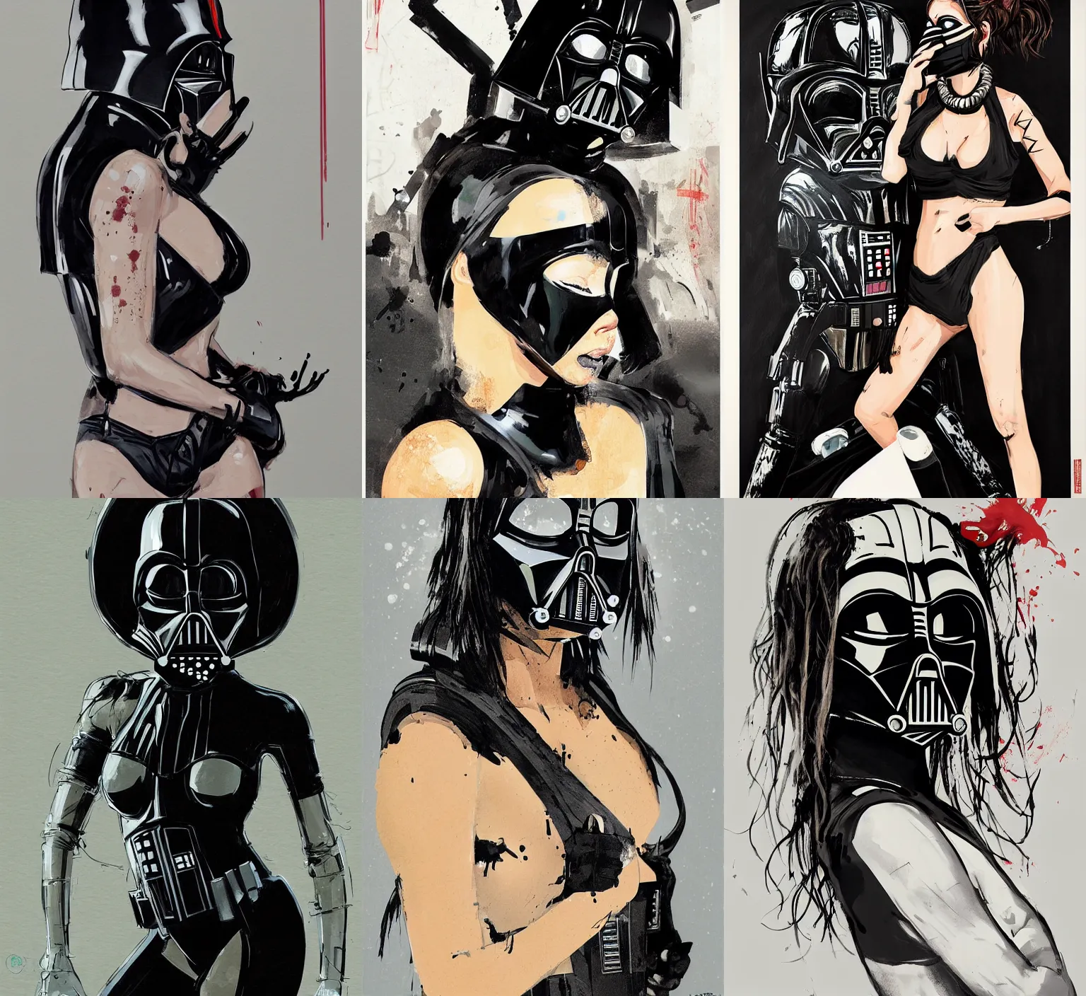 Prompt: portrait of award winning supermodel girl, darth vader styled mask respirator on mouth, hands behind head, in black bikini, tattoos, by ashley wood, yoji shinkawa, jamie hewlett, 6 0's french movie poster, french impressionism, dry brush background colors, palette knife and brush strokes, asymmetrical, concept art