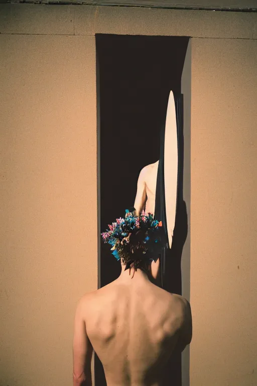 Prompt: kodak portra 4 0 0 photograph of a skinny guy looking into a otherworldly portal, flower crown, back view, vaporwave colors, grain, moody lighting, moody aesthetic,