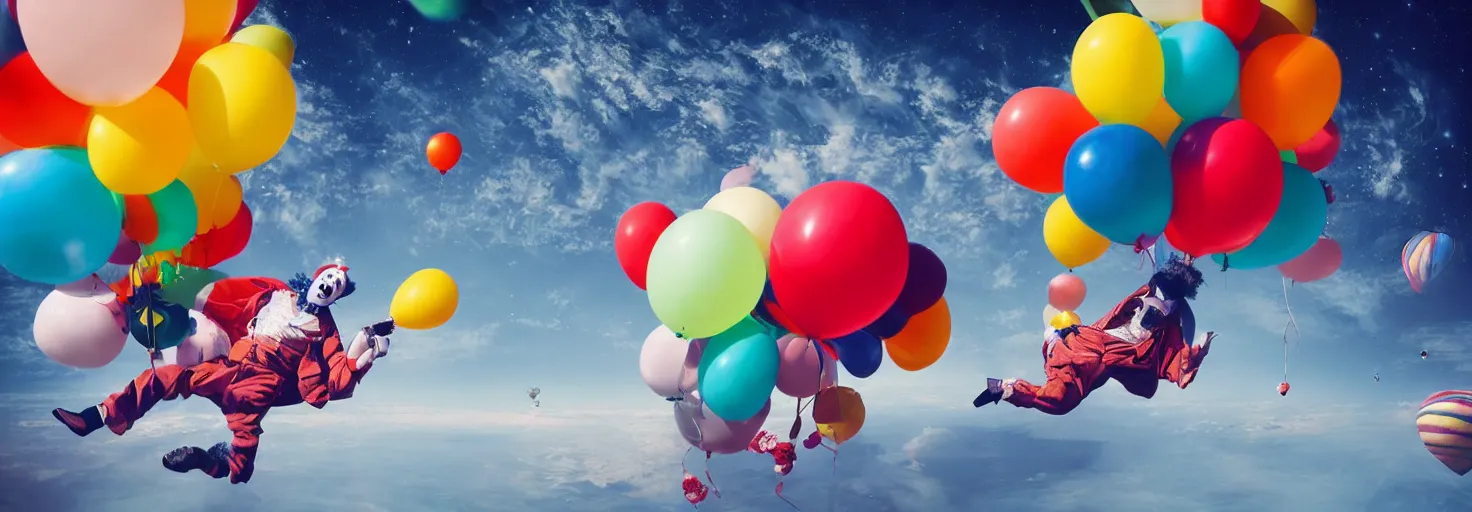 Prompt: A clown and balloons floating in space, planet Earth in the background, inspiring, epic, cinematic, award-winning, highly-detailed