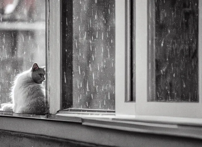 Image similar to photography of a Cat . watching outside the window while it rains. on a bed. in a 70's room full of vinyls and posters, photorealistic, raining award winning photo, 100mm, sharp, high res