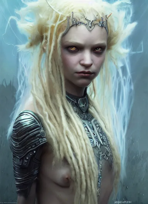 Prompt: fantasy changeling girl with blonde dreadlocks revealing her true nature, evile eyes, dim light, front game card, marvel comics, dark, intricate, highly detailed, smooth, artstation, digital illustration by ruan jia and mandy jurgens and artgerm and wayne barlowe and greg rutkowski and zdislav beksinski