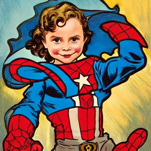 Image similar to a little girl with a mischievous face and light brown curly wavy hair and blue eyes. she is dressed as captain america, spider - man, batman, captain marvel, a superhero. well composed, clean elegant painting, beautiful detailed face. comic book art by steve ditko and jack kirby and ( alphonse mucha )