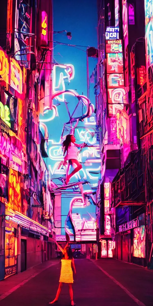 Prompt: 8 0 s neon movie scene. a girl stands alone on a sidewalk. the girl is looking up at a large billboard, hyper realism, rack focus, close establishing shot, neon lights illuminate her face, soft dramatic lighting, 4 k digital camera