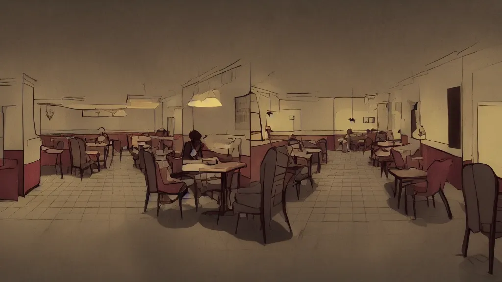 Prompt: At the restaurant, in the style of David Lynch, by Wes Anderson, concept art, artstation