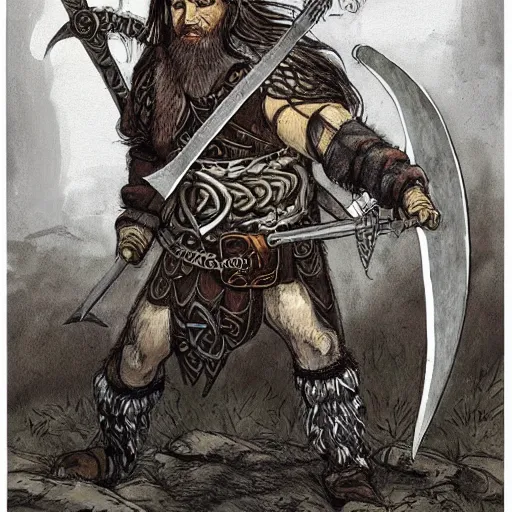 Image similar to full body character design reference art of Eoghaill of the Murine Hordes, a male La Tene Culture Celtic chieftain and warrior, resplendent and proud of bearing, long black hair, hirsute and muscled, wielding a Celtic longsword. Has a rat familiar. high quality, high detail, realistic painting, in the style of: Angus McBride, Rebecca Guay, and Michael William Kaluta. photorealistic light.