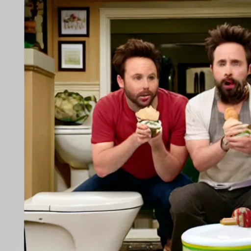 Prompt: Charlie Day and Rob McElhenney, kneeling down eating ice cream out of a white toilet bowl together, norman Rockwell