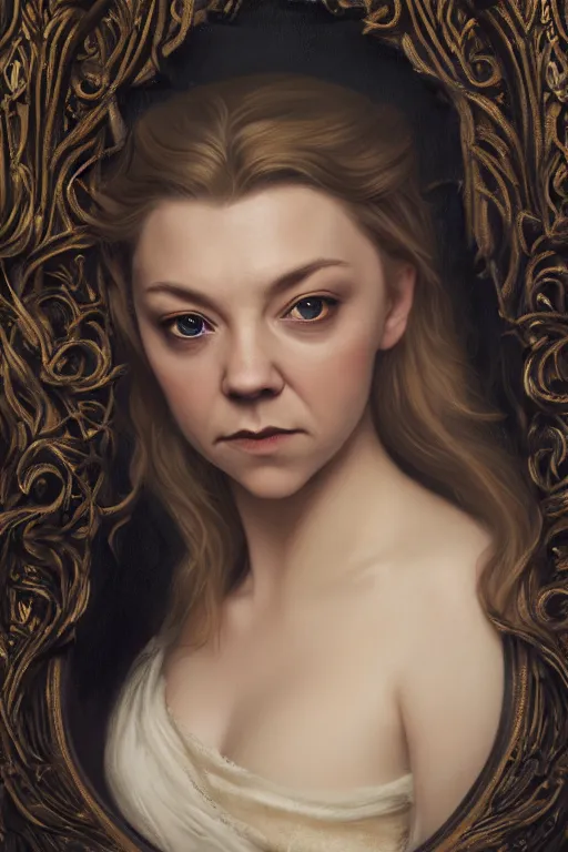 Image similar to a portrait of Natalie Dormer as an elegant beautiful dark bohemian vampire woman, smooth face, glamour shot, bored, illustration, dramatic lighting, soft details, painting oil on canvas, art nouveau, octane render, HDR, 4k, 8k, HD, by Edmund Blair Leighton, Brom, Charlie Bowater, trending on artstation,