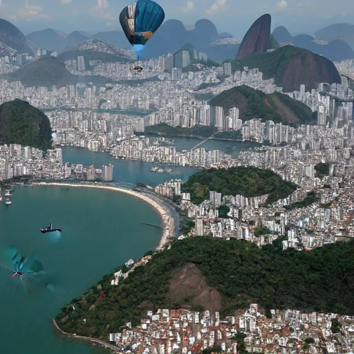 Image similar to view while parachuting down towards the slums of Rio, highly detailed, realistic