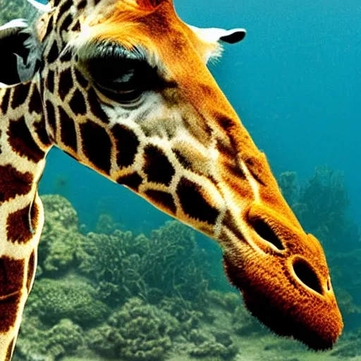 Prompt: a giraffe underwater