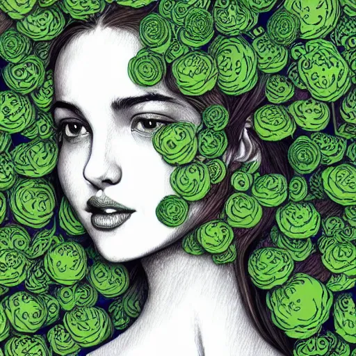 Image similar to the portrait of an unbelievably beautiful, elegant, and sophicated young woman partially made of broccoli pensively gazing into the distance, an ultrafine detailed illustration by james jean, intricate linework, bright colors, final fantasy, behance contest winner, vanitas, angular, altermodern, unreal engine 5 highly rendered, global illumination, radiant light, detailed and intricate environment