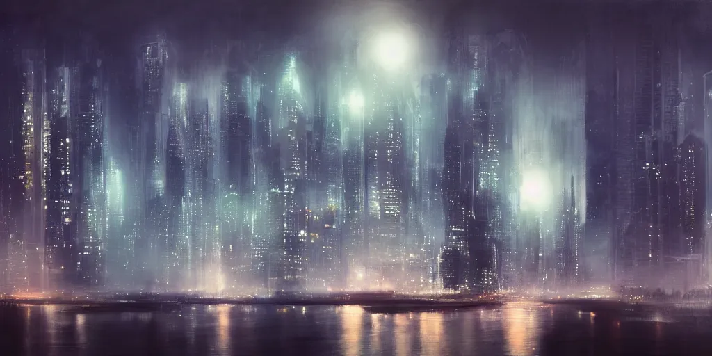 Image similar to a futuristic cityscape at night, foggy, soft lighting, realistic painting