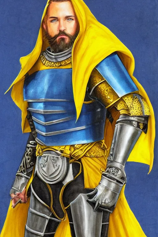 Image similar to a knight with blue tabard and a yellow cape and steel pauldrons and short blonde hair and a short blonde beard, realistic, detailed, trending on ArtStation, by Larry Elmore