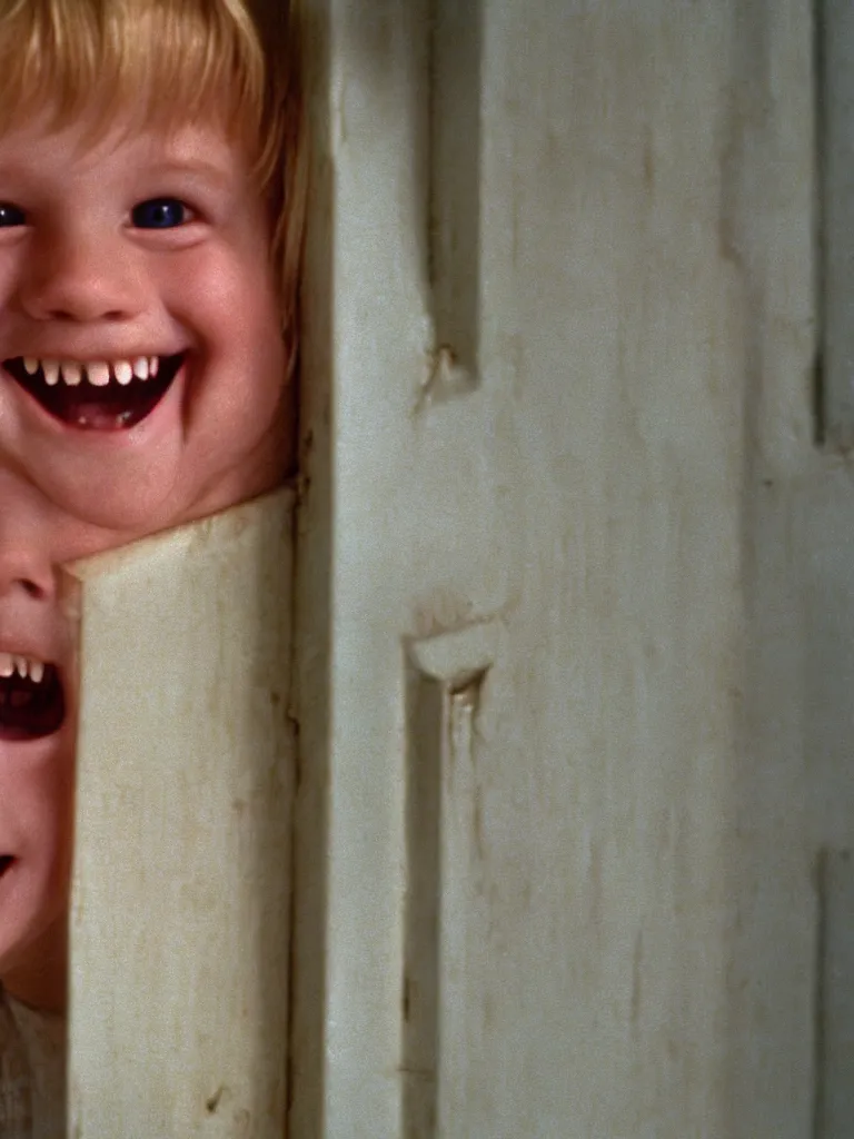 Image similar to a cute little blonde kid trying to see through a huge vertical crack on a white wooden door and grinning maniacally, a film still from the 1980 movie the shining, 4k, grainy, panavision