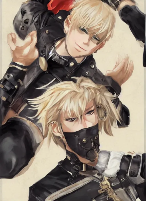 Prompt: a blonde boy thief in leathers with a metal armband in the style of krenz cushart