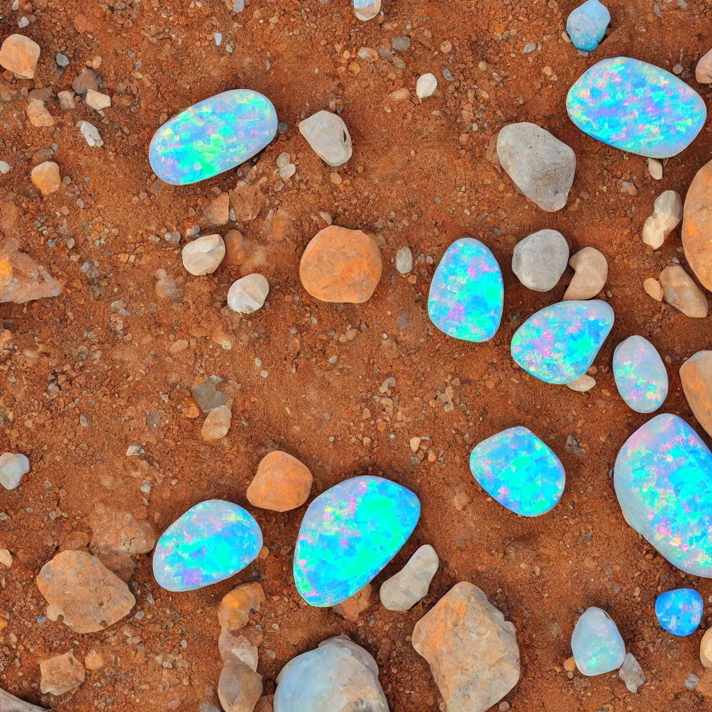 Image similar to opal faceted boulders, orange sand desert with pools of bright milky blue water, construction equipment, birds eye view