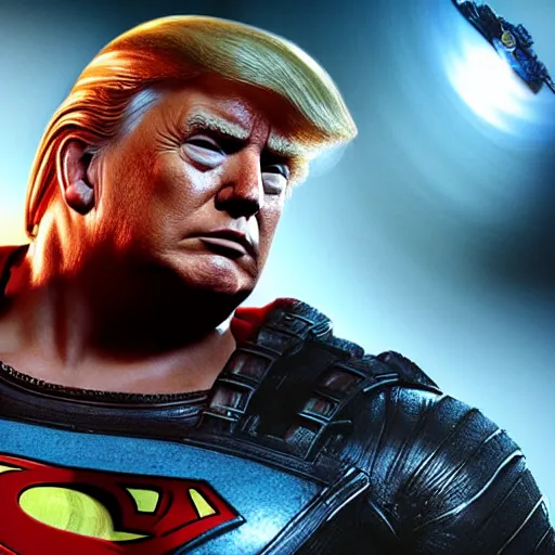 Image similar to Portrait of Donald Trump as superman in Gears of War, splash art, movie still, cinematic lighting, dramatic, octane render, long lens, shallow depth of field, bokeh, anamorphic lens flare, 8k, hyper detailed, 35mm film grain