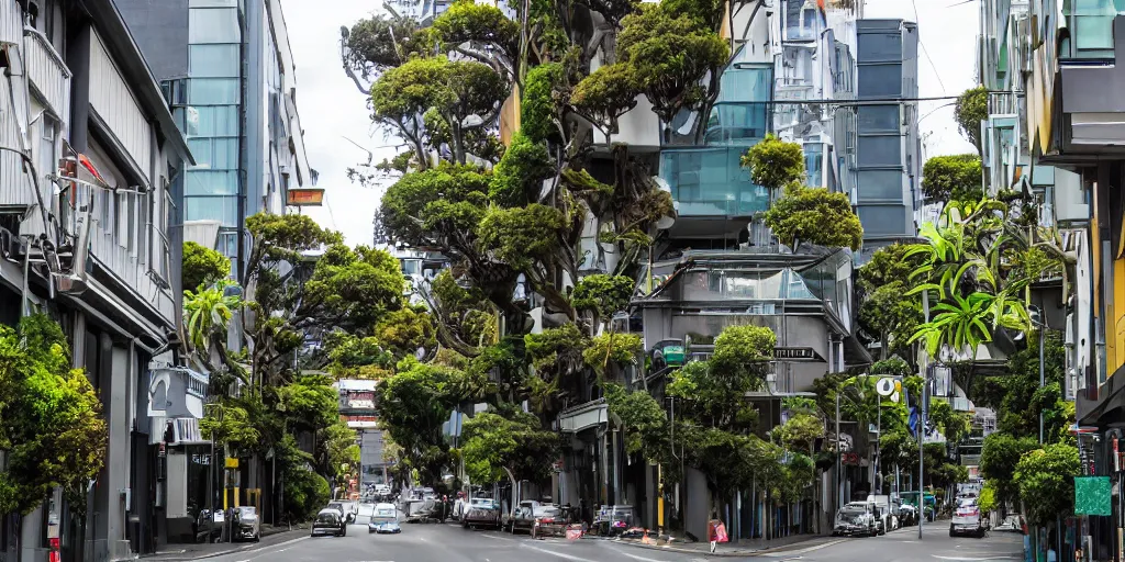 Image similar to photo of a city street in wellington, new zealand but the buildings are interspersed with enormous ancient nz endemic podocarp rimu trees full of epiphytes with birds perching amongst the leaves.
