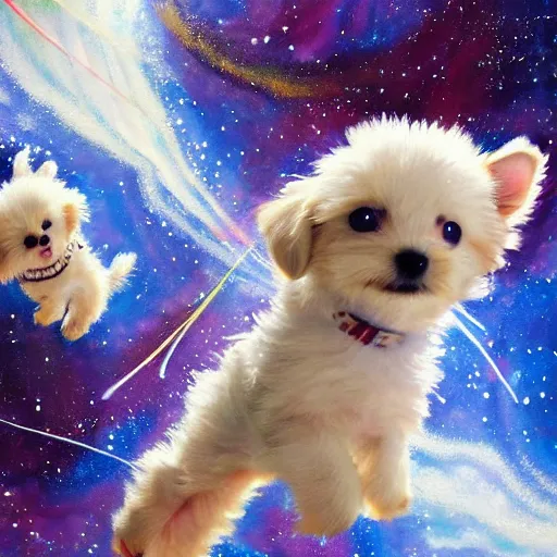 Prompt: puppies flying through space, anime show, painted, detailed