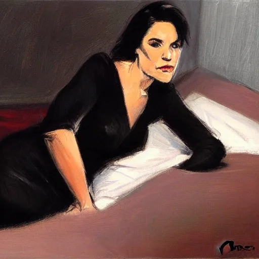 Prompt: Ground Level Shot of a dark haired woman wearing a black dress, on a bed. by fabian perez