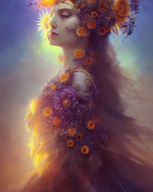 Image similar to Full View Portrait Mystical ethereal sunflower deity wearing beautiful dress, sunflower Dryad beautiful dress, 4k digital masterpiece by Greg Rutkowski and Ruan Jia and rossdraws, Alberto Seveso, fantasycore, Hyperdetailed, realistic oil on linen, soft lighting, Iconography background, featured on Artstation