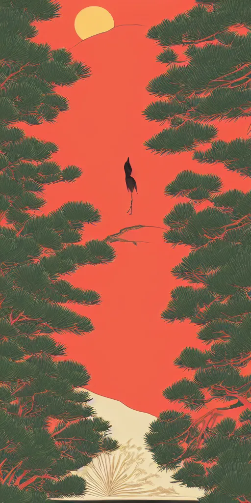 Prompt: hanafuda card for january 20 points, a portrait of japanese crane walking into a forest of japanese pines, by honeyworks and chico, a big red sun in the background, front game card, vector line art, trending on behance, concept art, stunning, matte