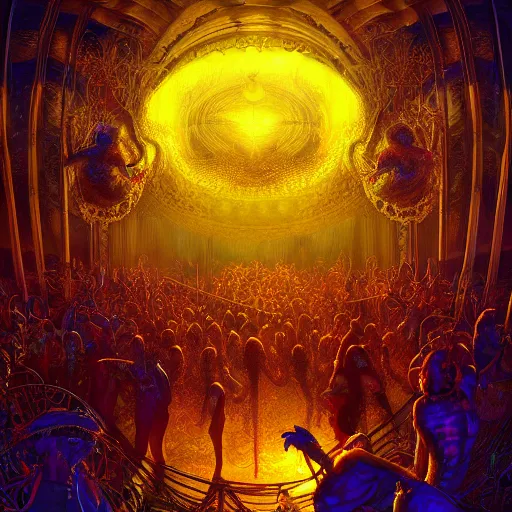 Image similar to Photorealistic Dream Carnival in the style of Michael Whelan and Gustave Dore. Hyperdetailed photorealism, 108 megapixels, amazing depth, glowing rich colors, powerful imagery, psychedelic Overtones, 3D finalrender, 3d shading, cinematic lighting, artstation concept art