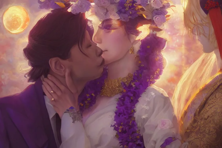 Prompt: a cinematic portrait of wedding photograph jpeg close up moment of a divine a japan sun god and moon goddess lovers magician at a wedding banquet. portraiture. digital painting. artstation. concept art. wedding photo. digital painting. violet evergarden art masterpiece by art by krenz cushart