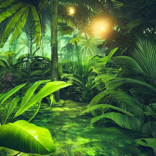 Image similar to green juice in a luscious tropical grove with neon auroras, path traced, environment, highly detailed, concept art, realistic, octane render, unreal engine, up close shot