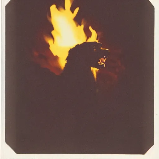 Image similar to old polaroid depicting a proud hellhound on fire, at a clearing, at night