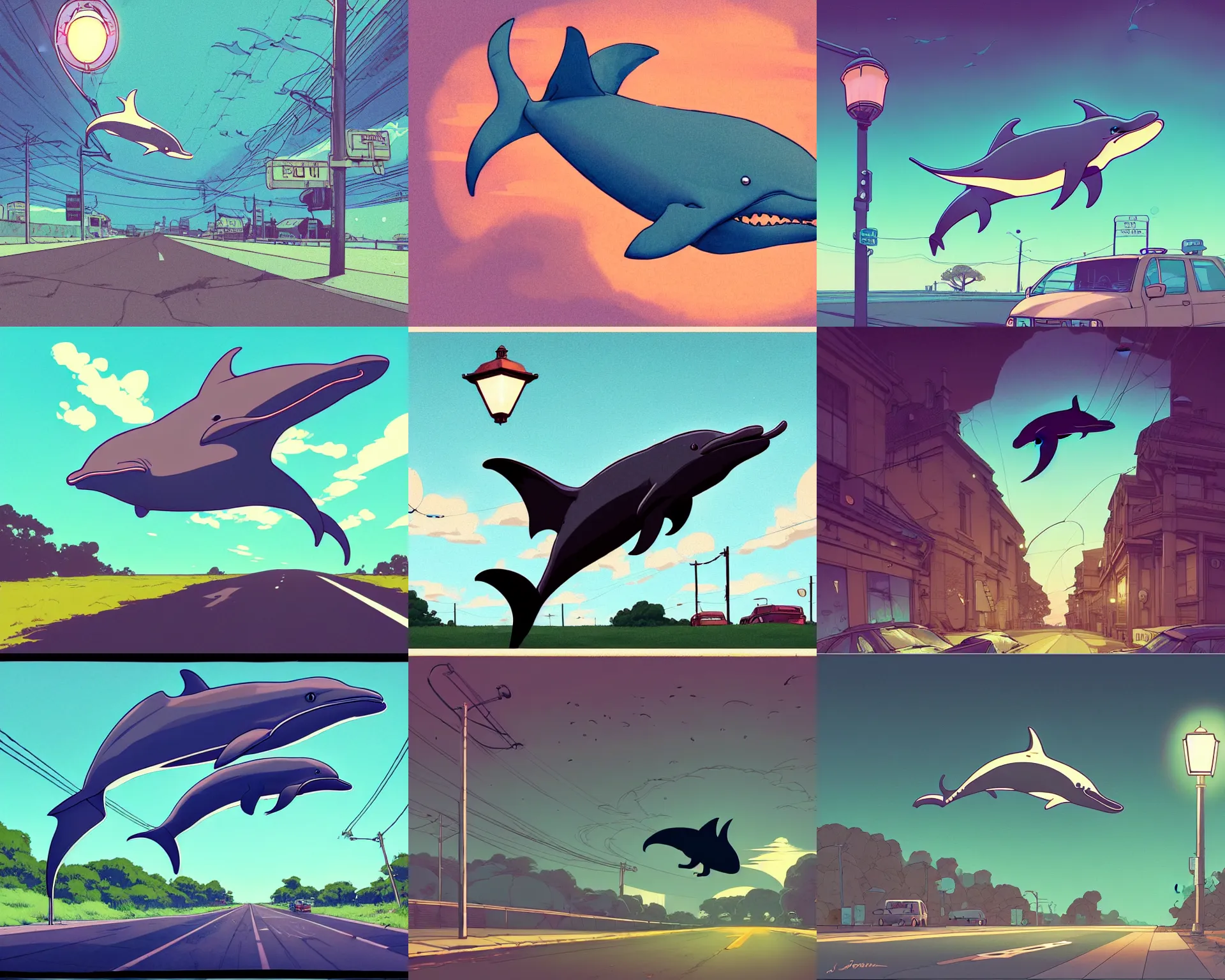 Prompt: a study of cell shaded cartoon of a flying dolphin on a country road, street lamps, road, illustration, wide shot, subtle colors, post grunge, concept art by josan gonzales and wlop, by james jean, Victo ngai, David Rubín, Mike Mignola, Laurie Greasley, highly detailed, sharp focus, alien, Trending on Artstation, HQ, deviantart, art by artgem