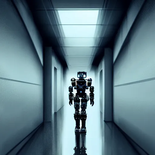 Image similar to ultra realist and ultra intricate detailed soft painting of an armored humanoid robot, walking down a futuristic hallway with a futuristic rifle, viewed from a corner, sensual gloomy style, volumetric clouds, artstation, unreal render, low angle