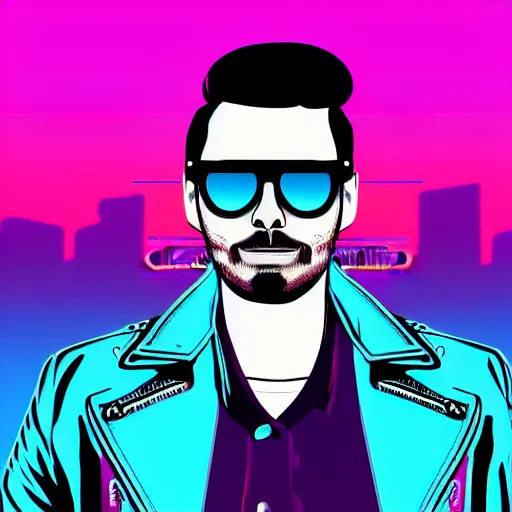 Prompt: 3 / 4 view closeup portrait of johnny silverhand with light blue shutter shades in front of a sunset, a dark purple leather jacket, vector art by jan tengnagel, pixabay contest winner, retrofuturism, retrowave, synthwave, outrun, portrait, synthwave