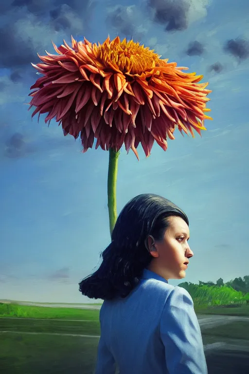 Image similar to closeup giant dahlia flower head, girl in a suit, street, surreal photography, blue sky, sunrise, dramatic light, impressionist painting, digital painting, artstation, simon stalenhag