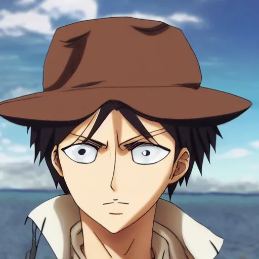 Prompt: Eren Jeager pointing at the sea wearing a fancy hat