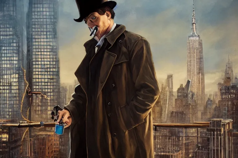 Prompt: portrait detective wearing a trench coat in profile smoking a sherlock holmes pipe on a perch facing the city at night, smooth, focus, highly detailed, hyper realistic, dramatic lighting, intricate, concept art, new york skyline, looking down, art by wlop, greg rutowski, artstation