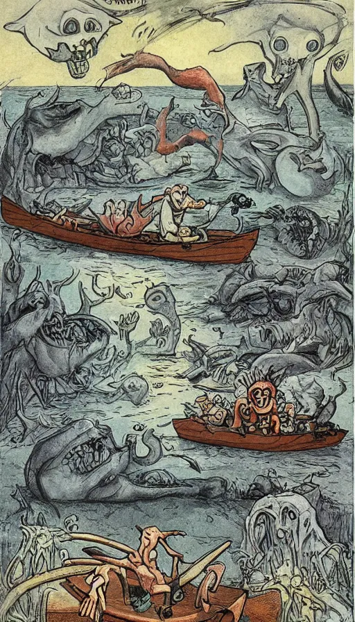 Image similar to man on boat crossing a body of water in hell with creatures in the water, sea of souls, by raymond briggs