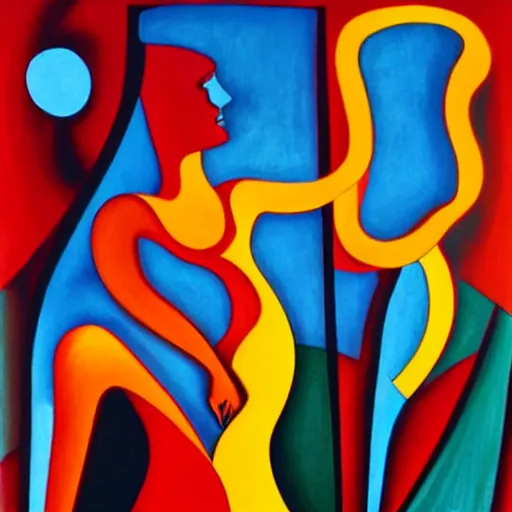 Prompt: woman woman dances by the river at sunset , abstract art in the style of cubism and georgia o’keefe ,