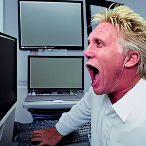 Image similar to gary busey screaming at a desktop computer in 1 9 9 9, ( sony a 7 r iv, symmetric balance, polarizing filter, photolab, lightroom, 4 k, dolby vision, photography awardm, voque, perfect face )