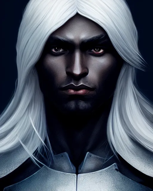 Prompt: portrait, beautiful male drow, long wavy white hair, super detailed, light black armor with silver accenting, cape, 8 k, filmic, octane render, sunlight, clouds, artstation, greg rutkowski, rossdraws, william bouguereau, sharp focus