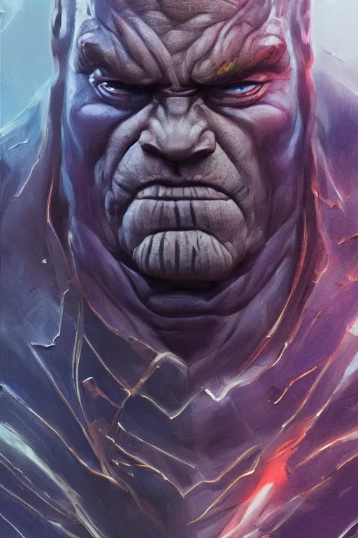 Image similar to characters portrait of Darkseid mixed with Thanos by Alyssa Monks, full-shot, merged character, Full body shot, cinematic opening shot, 4k, highly detailed, cinematic lighting