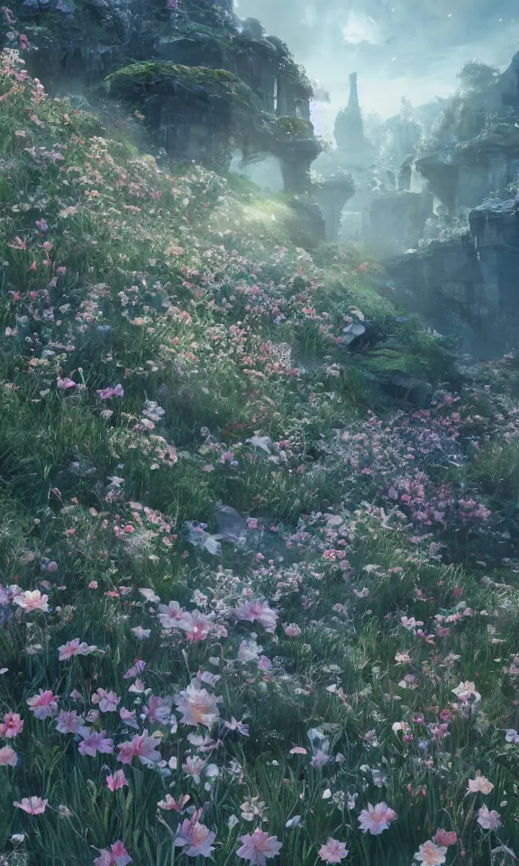 Prompt: the dawn brought by thousands flower, featured in artstation, octane render, cinematic, elegant, intricate, ultra detailed, rule of thirds, unreal engine, fantasy, concept art, sharp focus, illustration, 8 k