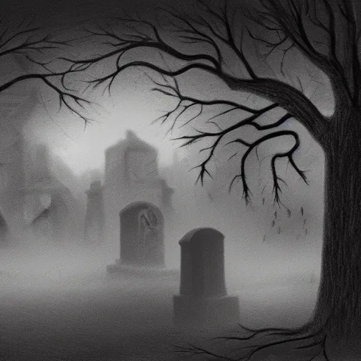 Prompt: an endless eerie graveyard with ancient tombstones, misty, thick strands of fog, catacomb in background, frame is flanked by dark trees, a shadowy ghostlike creature is visible, creepy, night, finely detailed extremely realistic black and white pencil drawing