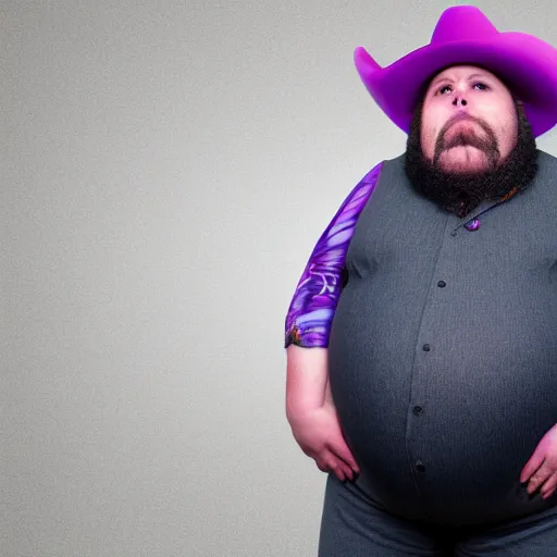 Image similar to hyperreal morbidly obese 2000kilo snake oil salesman wearing authentic purple green sip tech cowboy augmentation and curly snake moustache, fat man standing in front of blank background